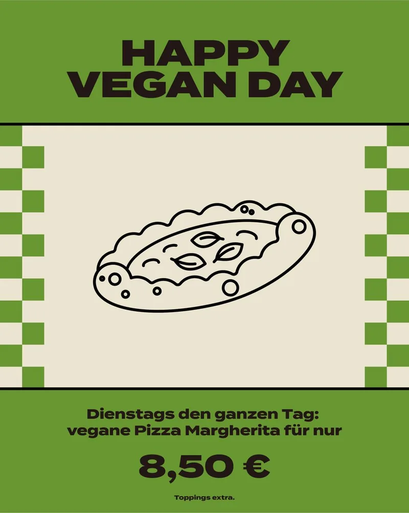 Flyer Happy Vegan Day bei Lausbub Nürnberg: dienstags den ganzen Tag vegane Pizza Margherita für nur 8,50 €, Toppings extra