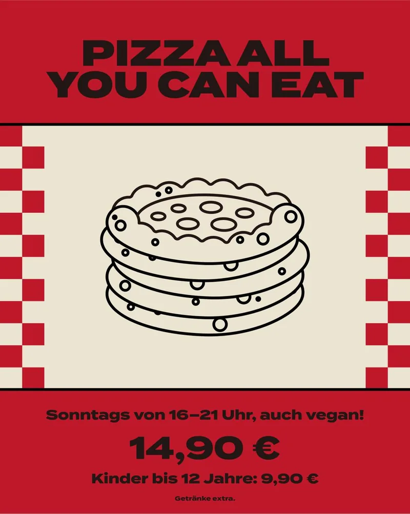 Flyer Pizza All you can eat bei Lausbub Nürnberg: sonntags von 16 bis 21 Uhr, auch vegan, 14,90 €, Kinder bis 12 Jahre 9,90 €, Getränke extra